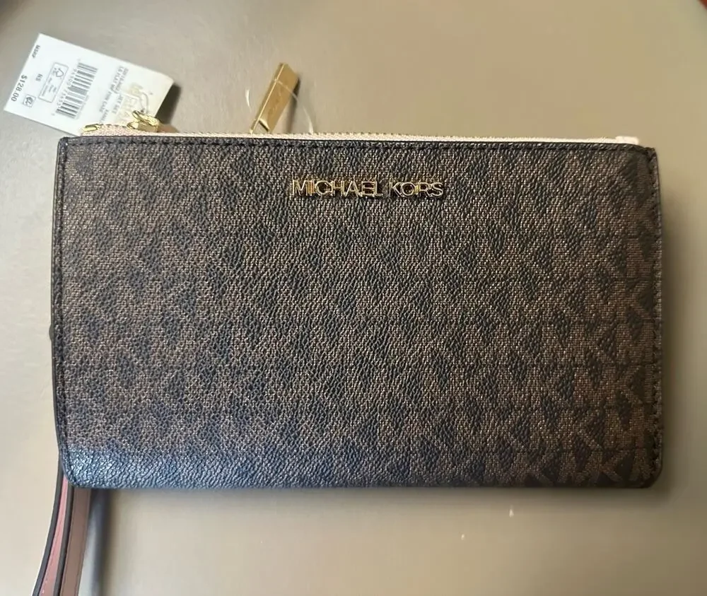Michael Kors Signature Coated Canvas Zip Wristlet Wallet Brown MK Logo NWT